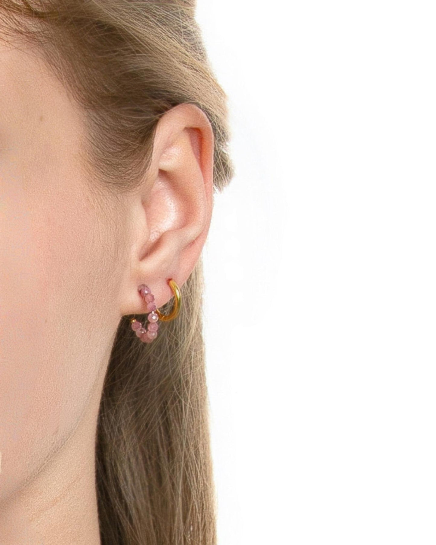 PINK TOURMALINE BEADED HOOPS SET