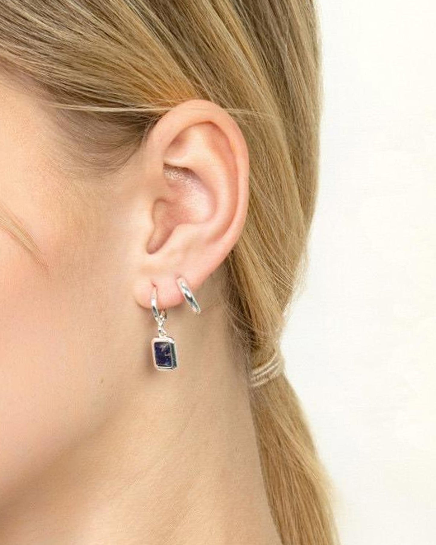 GEMSTONE DROP HUGGIE EARRINGS-Sodalite