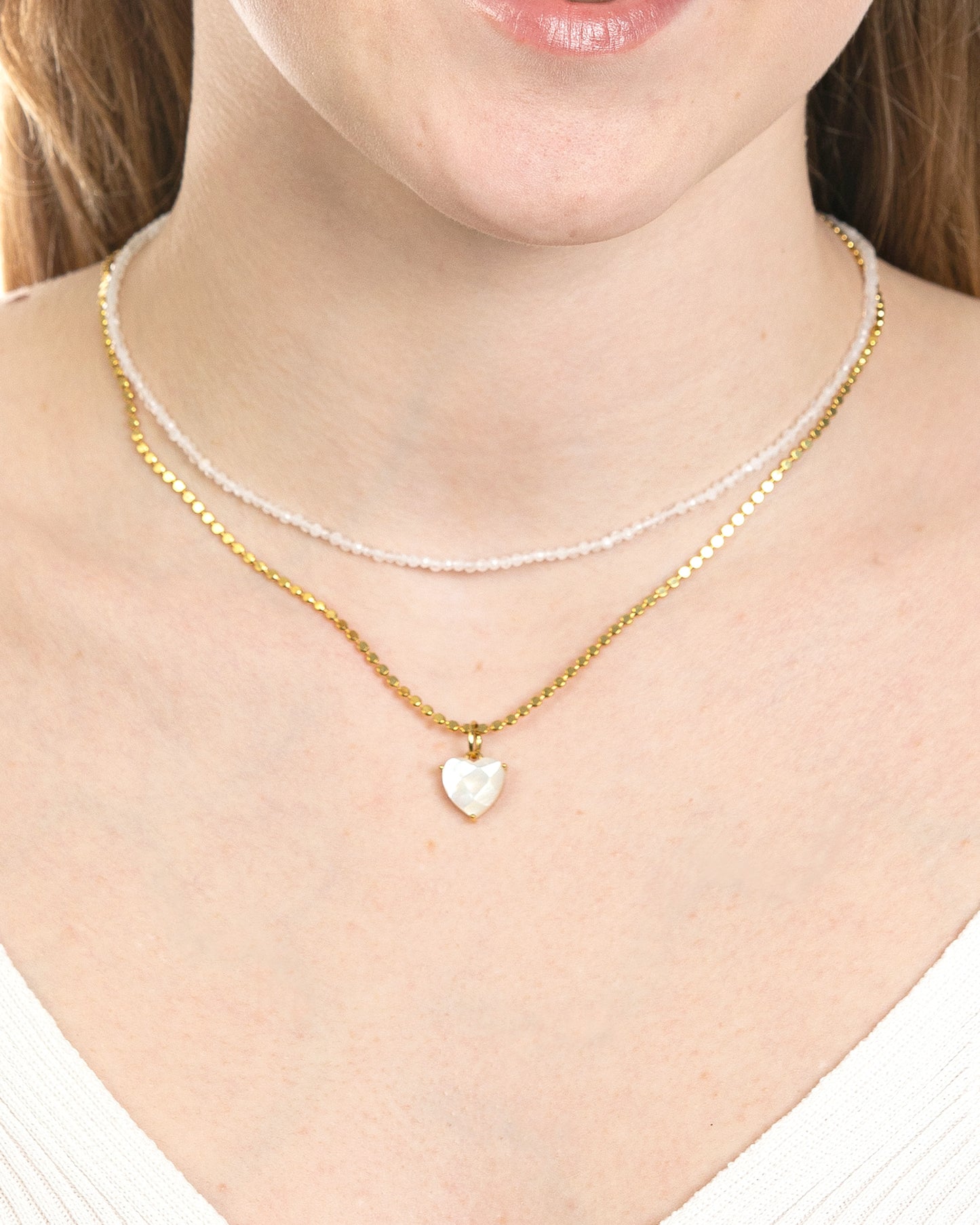FACETED MOP HEART CHARM NECKLACE