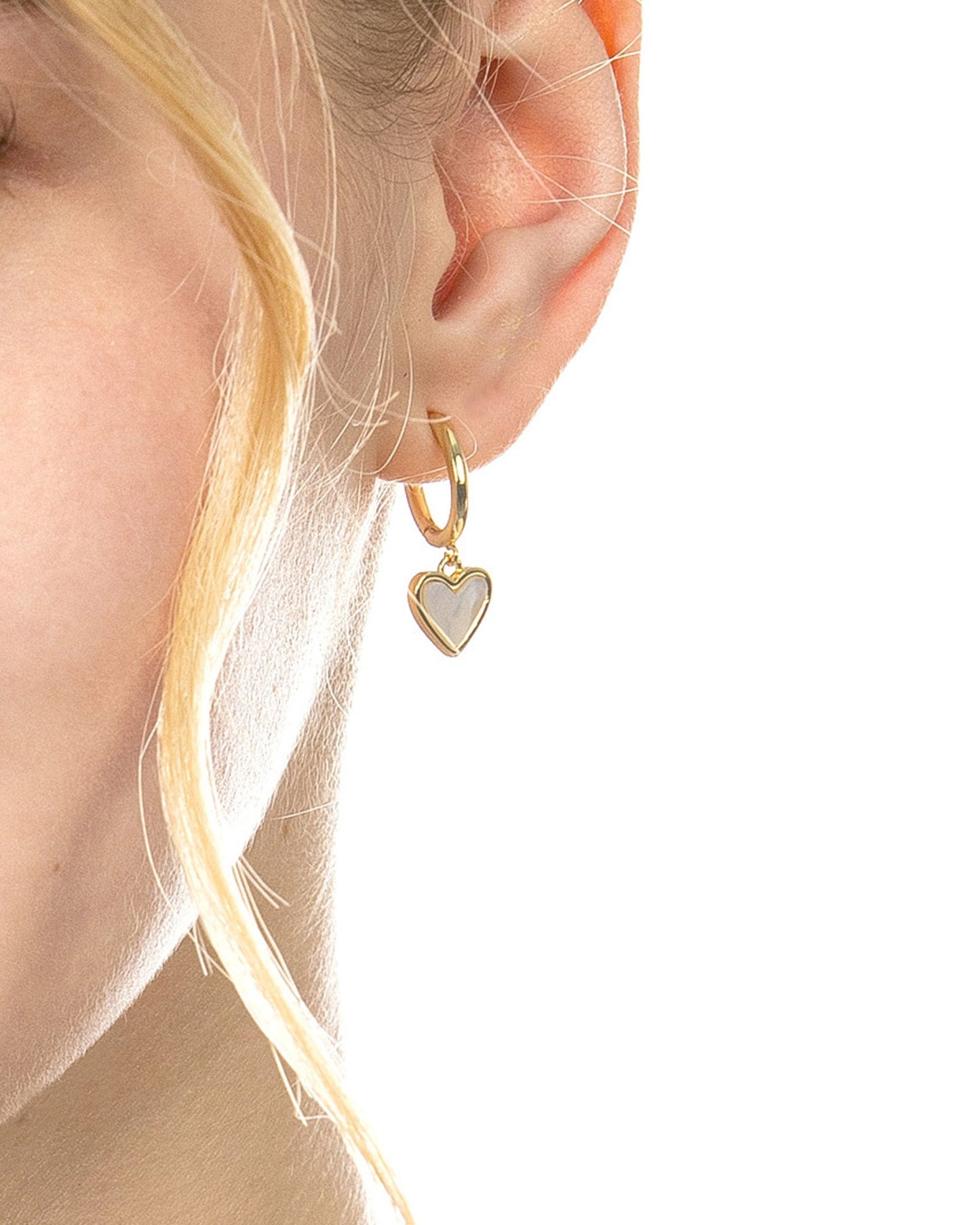 MOP HEART DROP HUGGIE EARRINGS