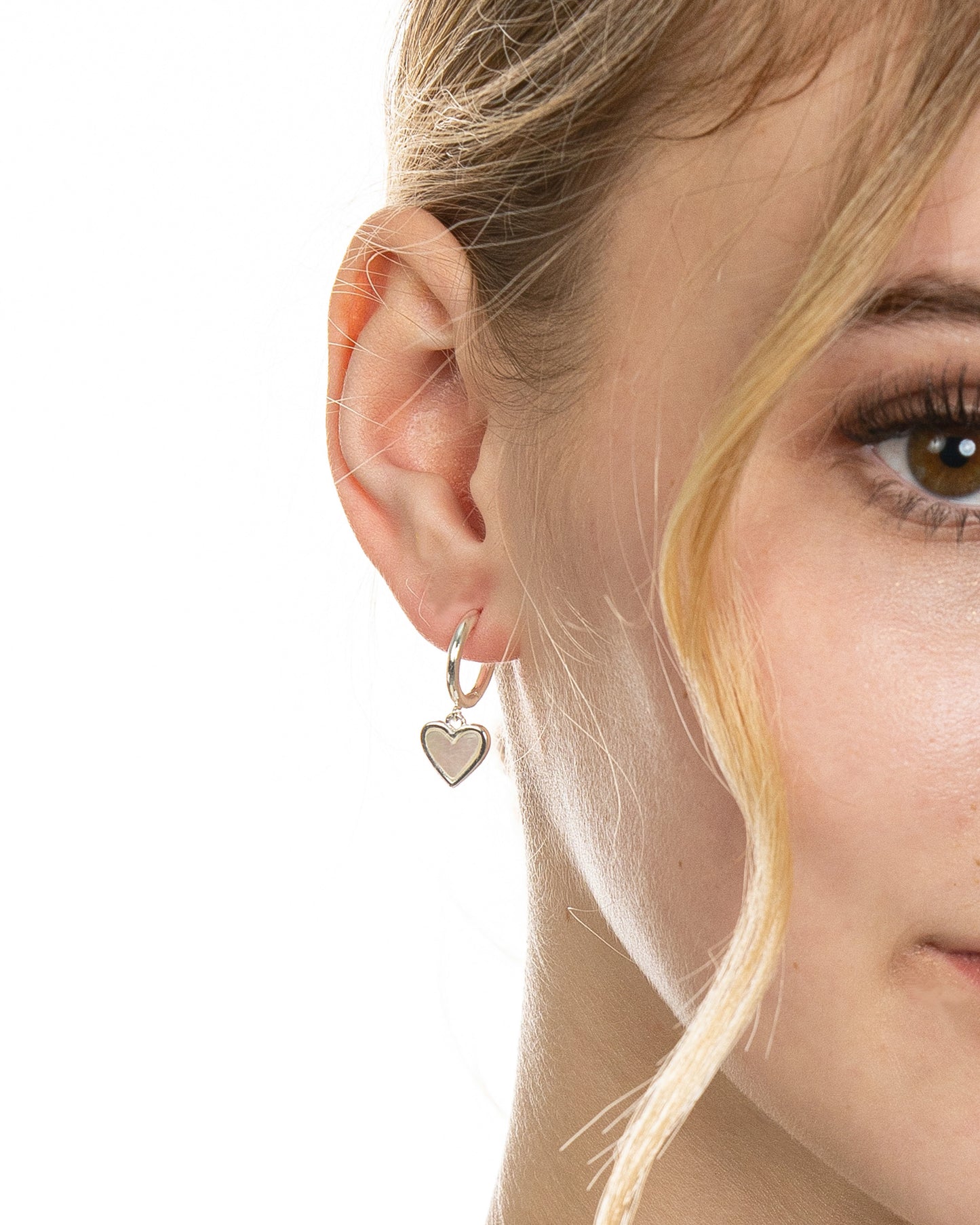 MOP HEART DROP HUGGIE EARRINGS
