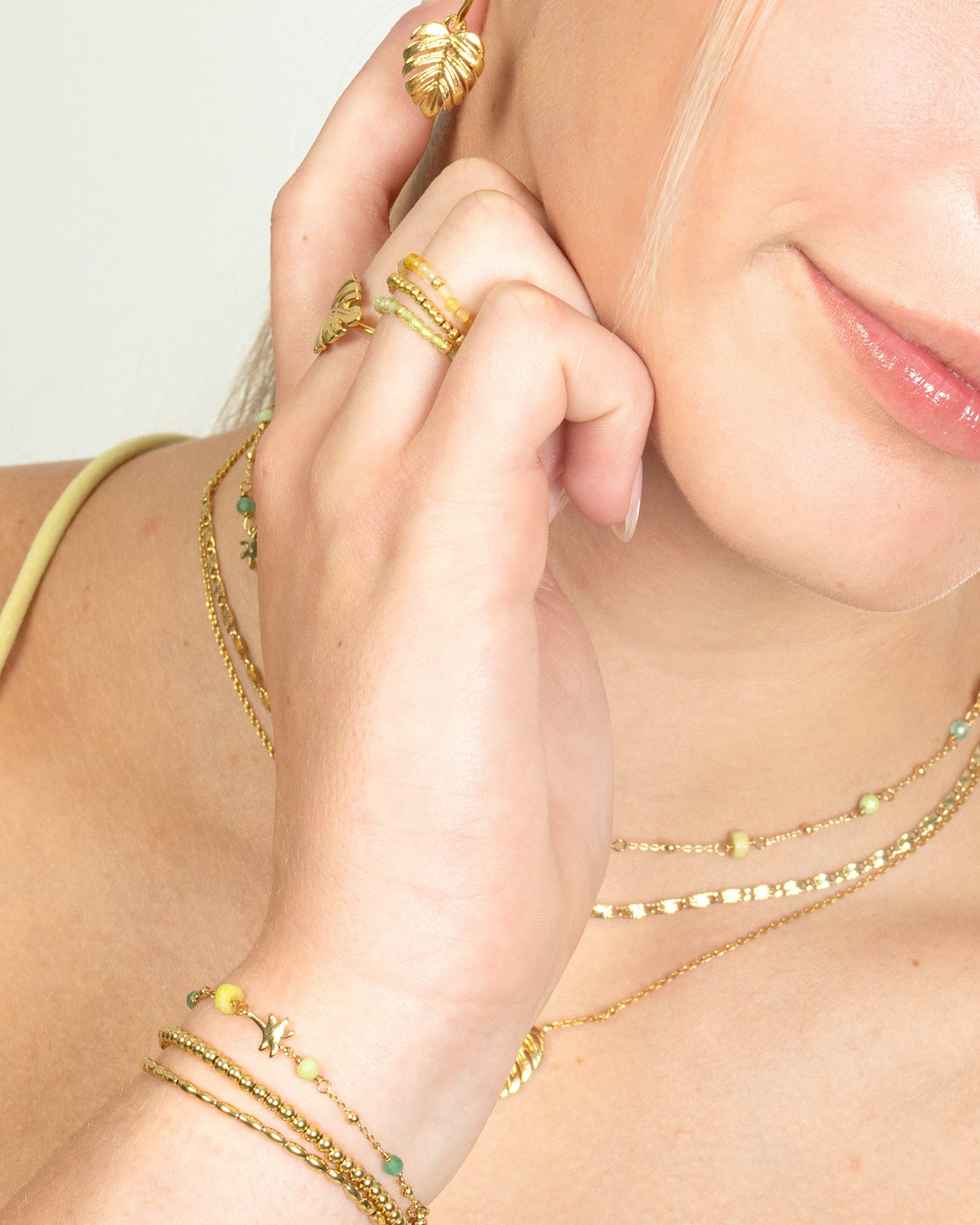 SUNLIT GREENS GEMSTONE BEADED STRETCH RINGS
