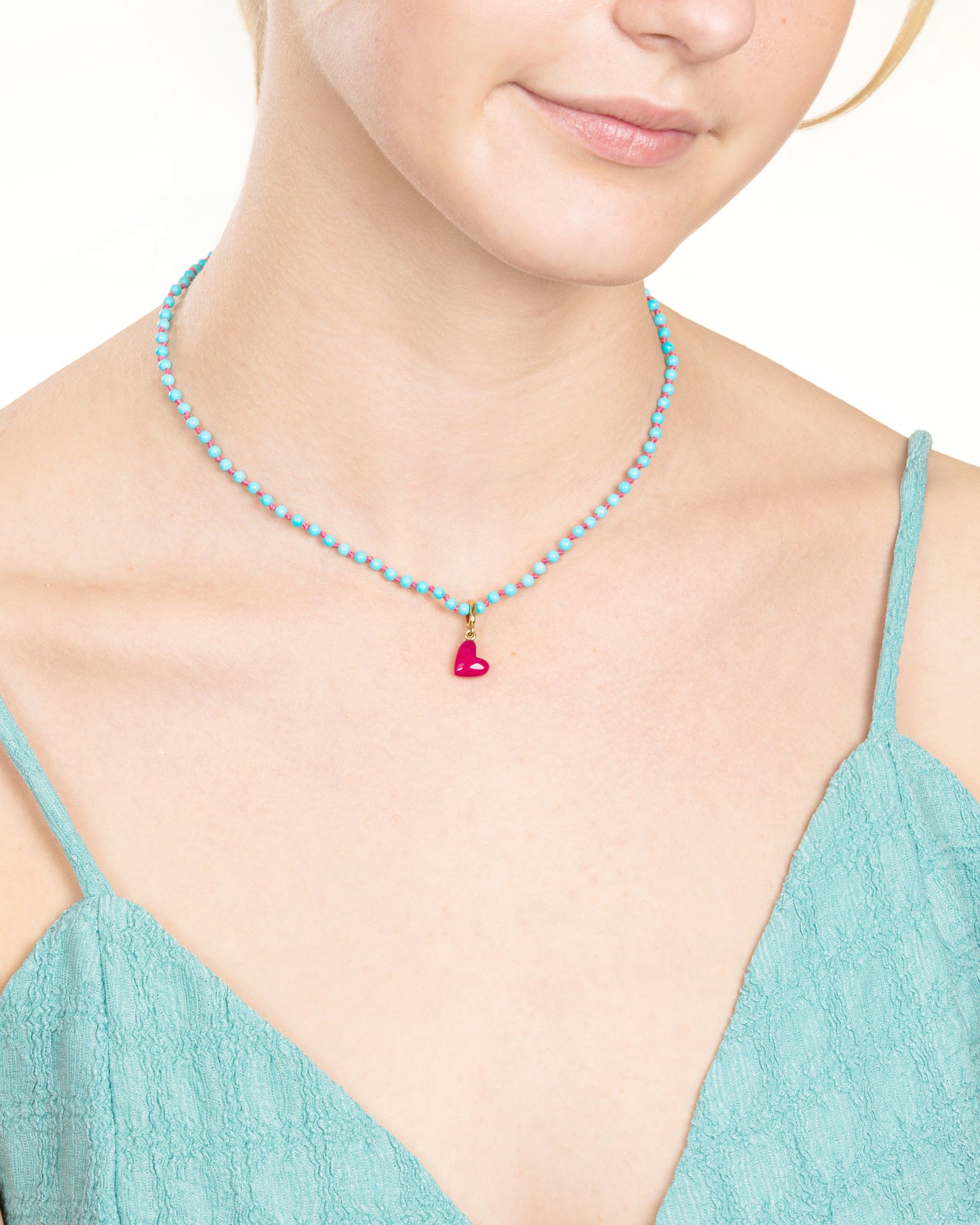 TURQUOISE BEADED PINK HEART NECKLACE