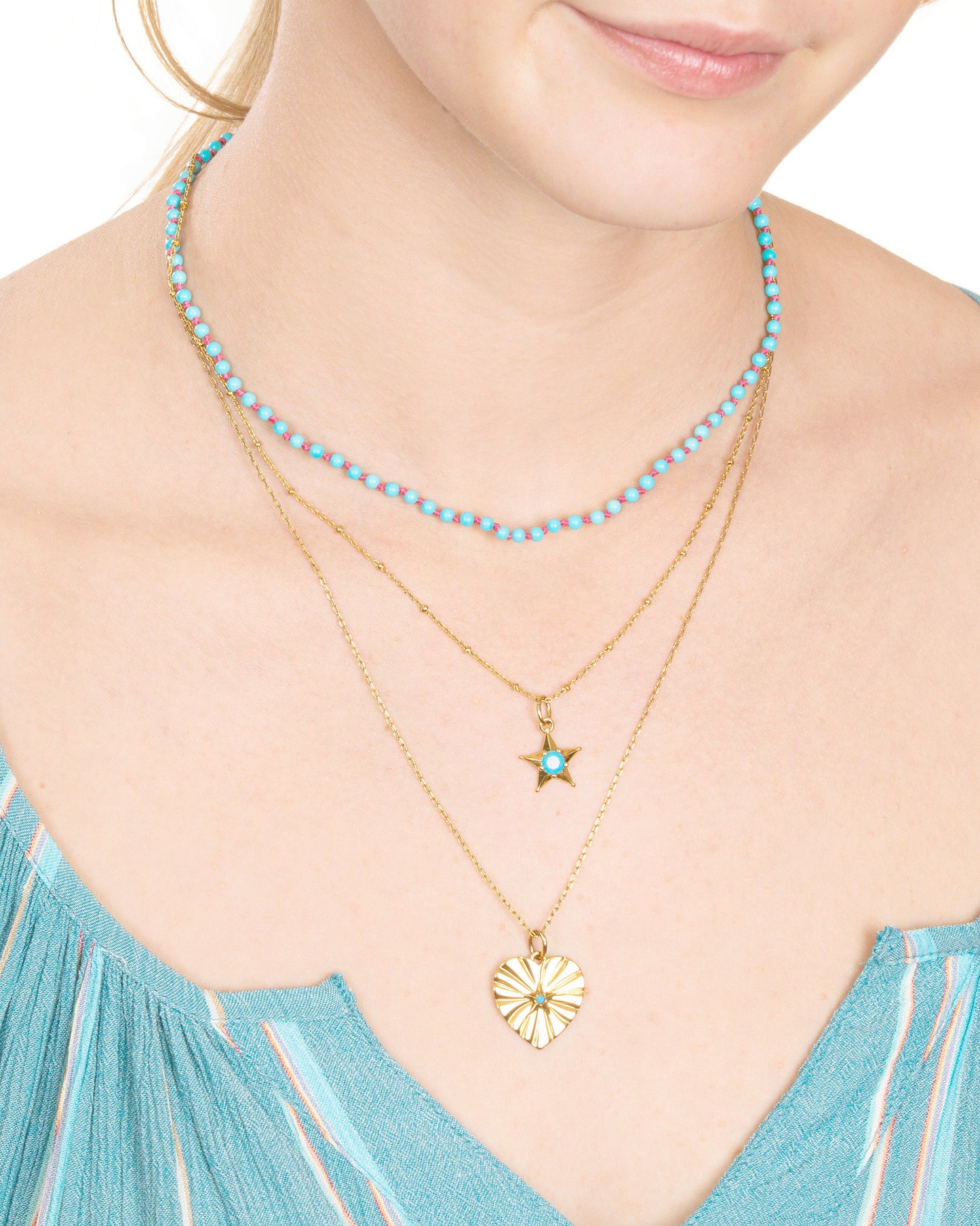 TURQUOISE BEADED PINK HEART NECKLACE