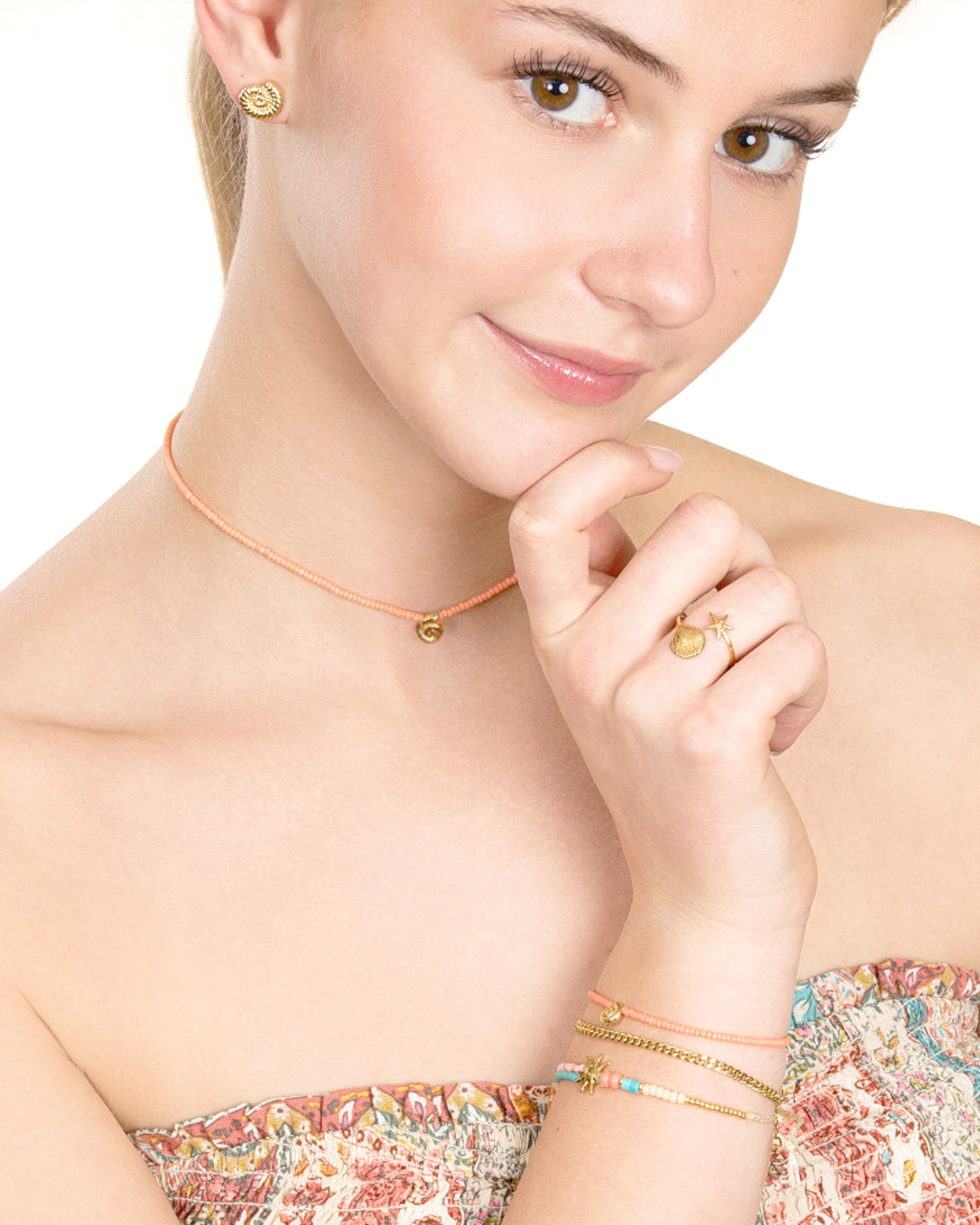 PEACH CORAL NAUTILUS BEADED CHOKER