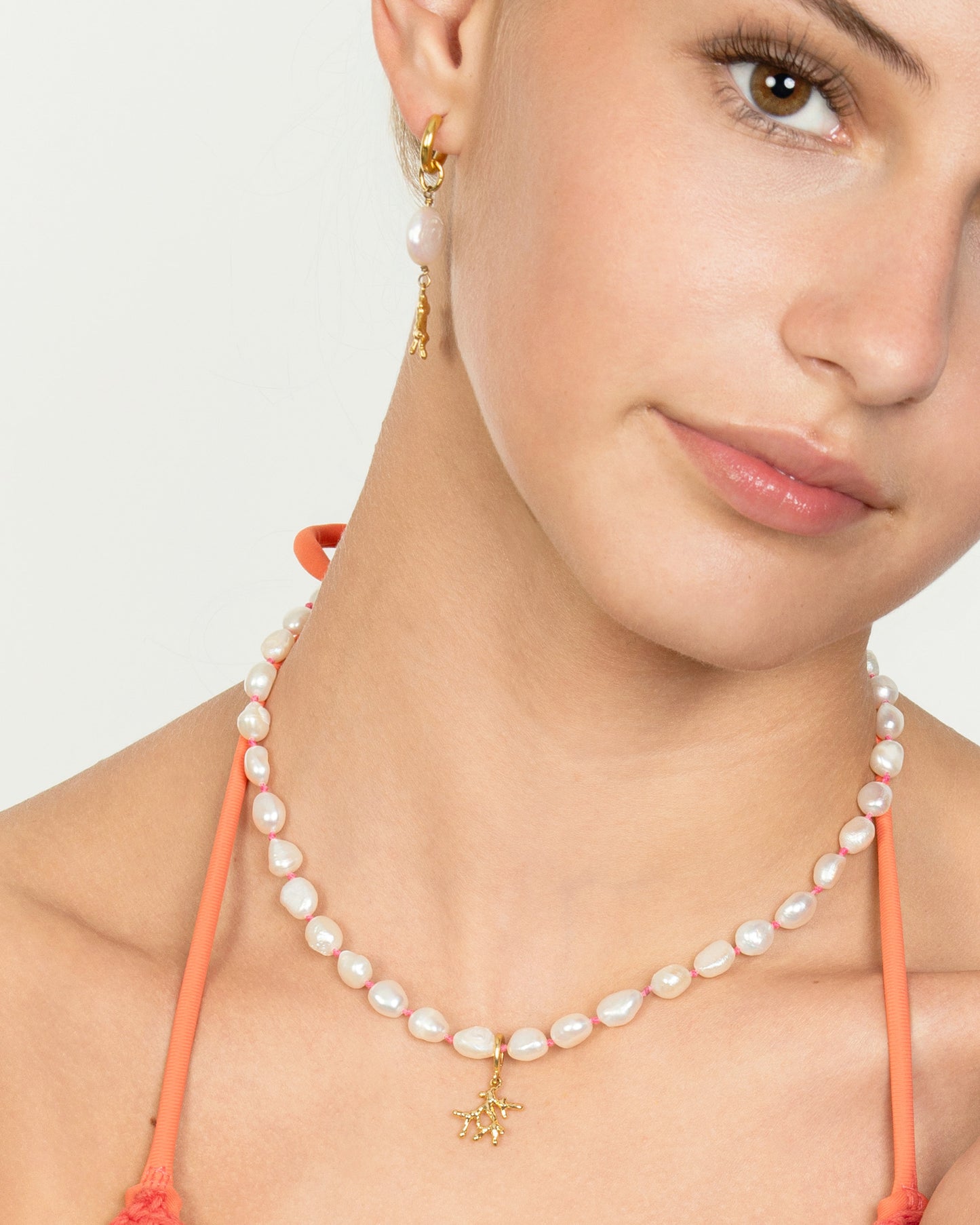 COIN PEARL & CORAL BRANCH DROP HUGGIE EARRINGS